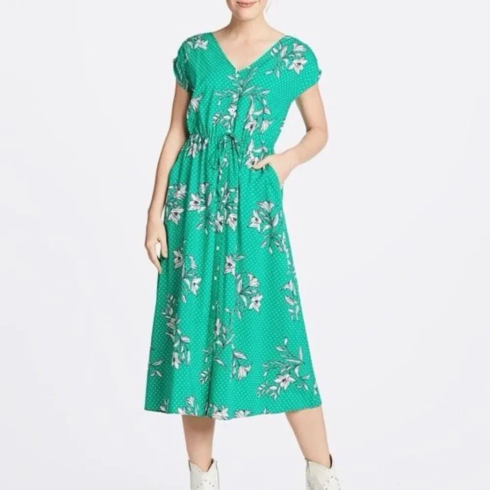 Draper James Floral Dot Drawstring Midi Dress in Green Large